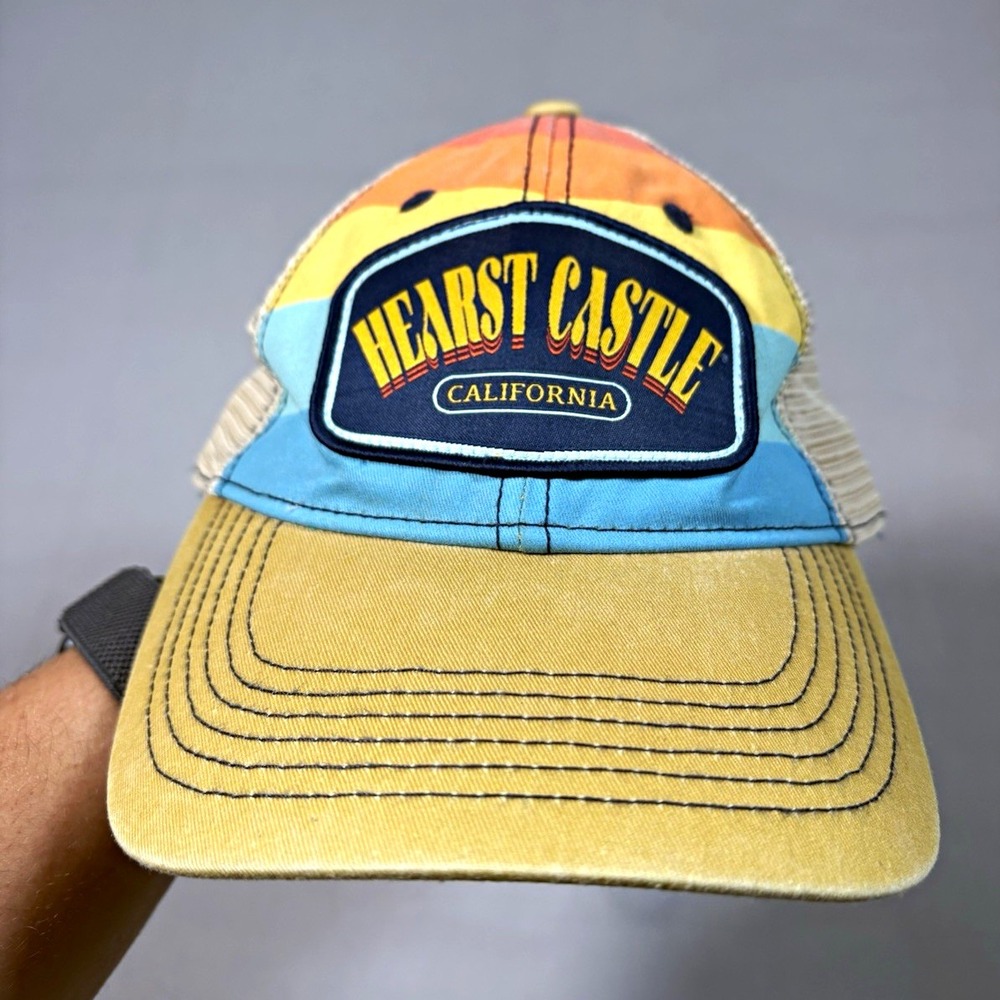 Vintage Hearst Castle California Trucker Hat Sunset Rainbow Striped SnapBack